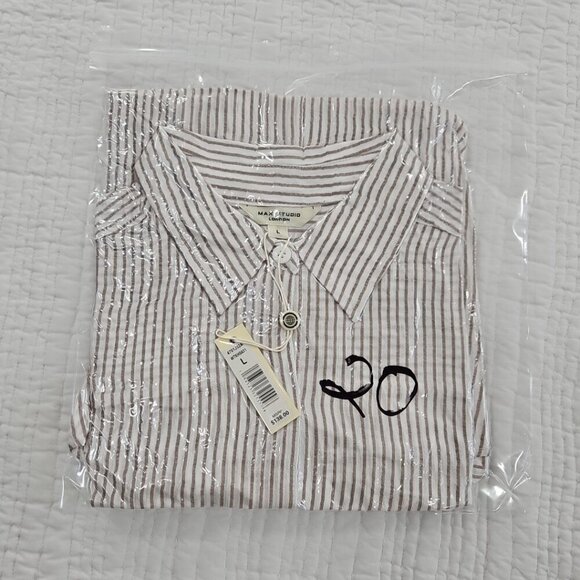 NEW Max Studio London Button Up Shirt Women's L Tan White Short Sleeve MSRP $138 - Picture 15 of 15